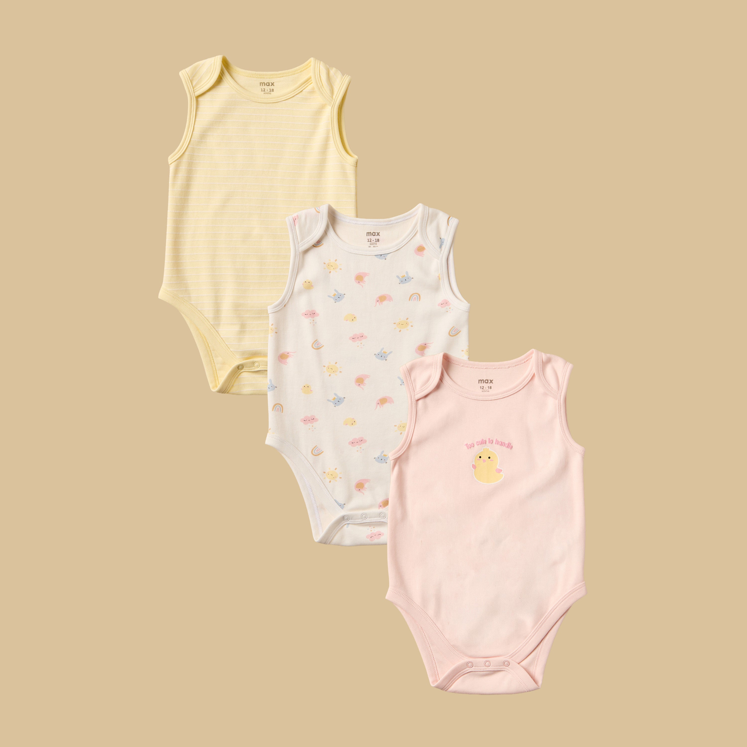 Pack of 3 - Assorted Sleeveless Cotton Bodysuit