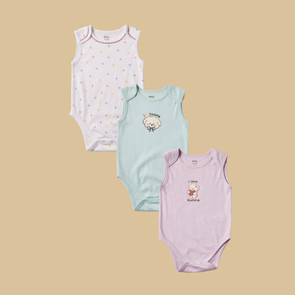 Pack of 3 - Puppy Print Sleeveless Cotton Bodysuit