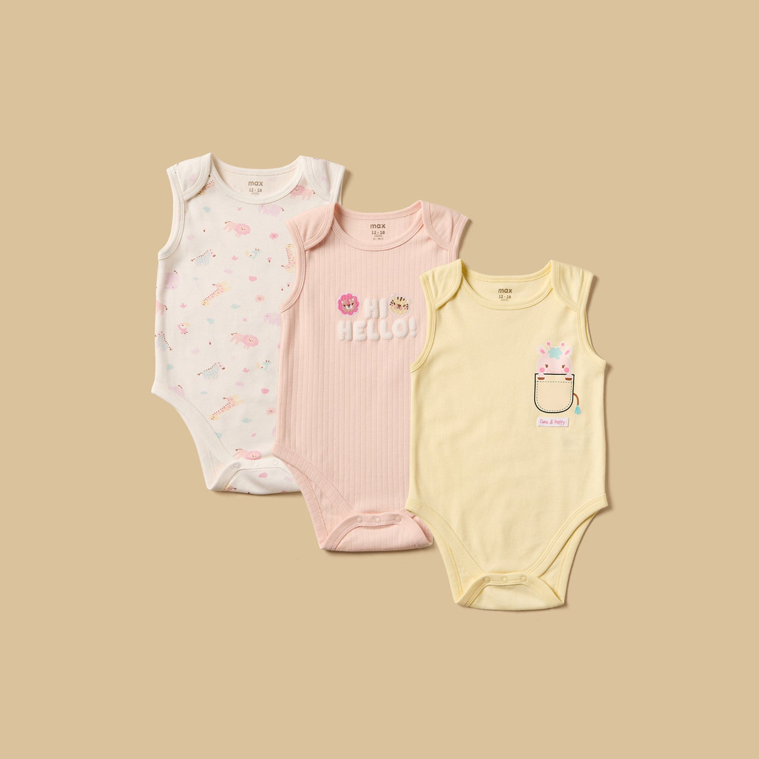 Pack of 3 - Assorted Print Sleeveless Cotton Bodysuit - 12-18 MTHS