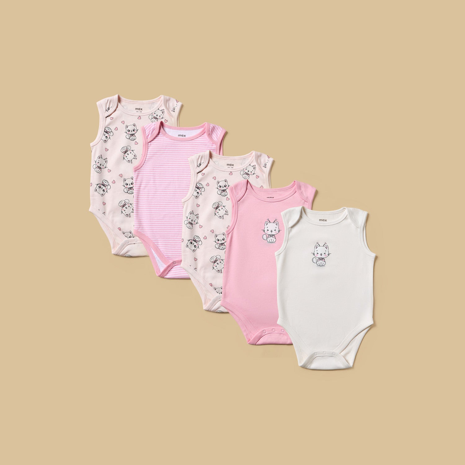 Pack of 5 - Cat Print Sleeveless Cotton Bodysuit