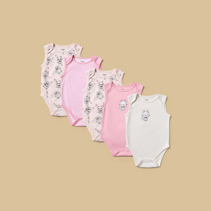 Pack of 5 - Cat Print Sleeveless Cotton Bodysuit