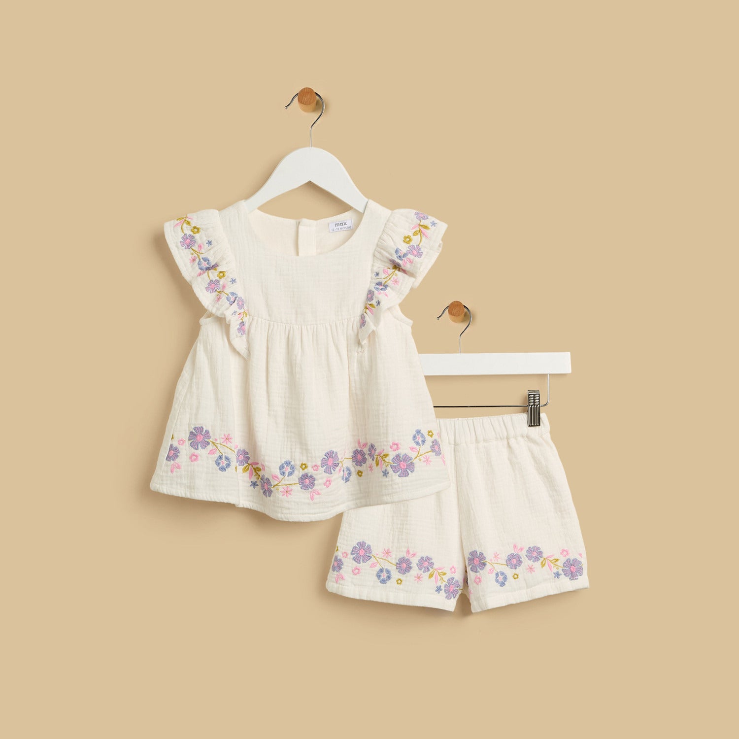 Floral Embroidered Top and Shorts Set - Cream / 12-18 mths