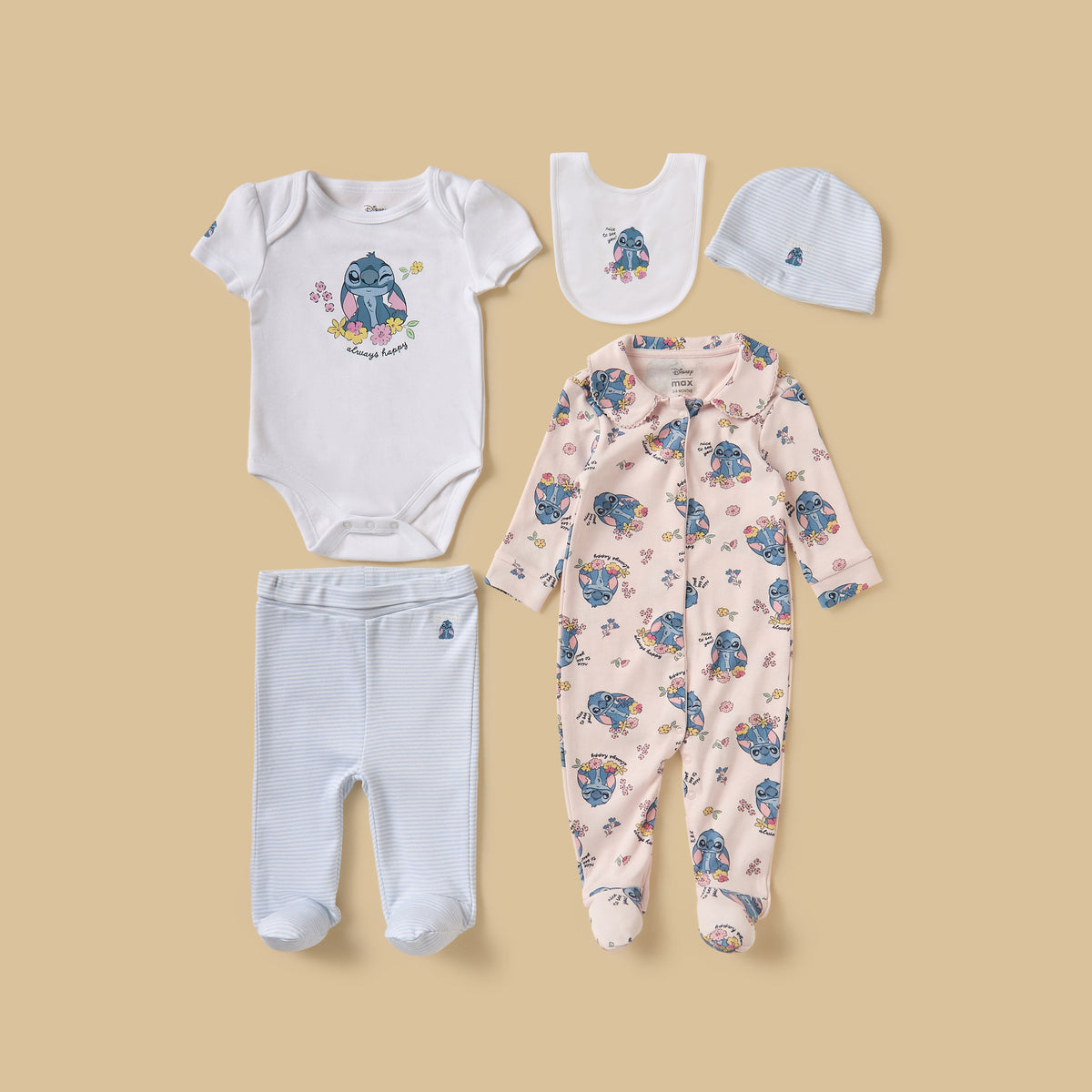 Stitch Print 5-Piece Cotton Clothing Set - Pink / 0-3 mths
