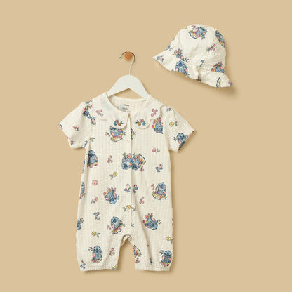 Stitch Print Cotton Romper with Cap