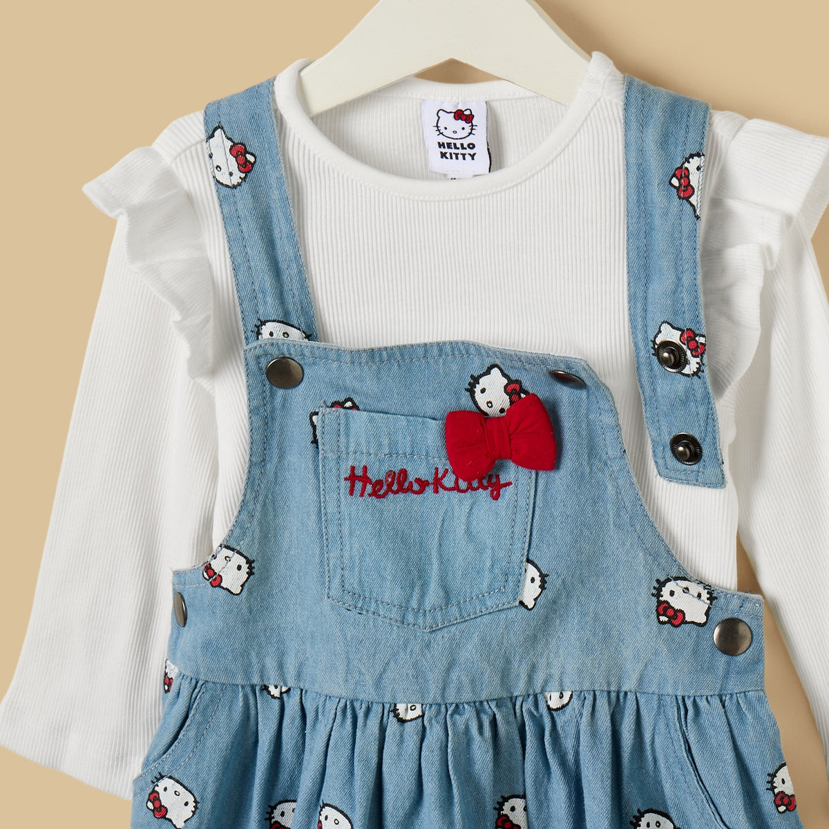 Hello Kitty Print Denim Pinafore with Ribbed Top