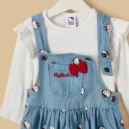 Hello Kitty Print Denim Pinafore with Ribbed Top