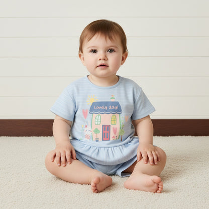 House Print Cotton Top and Shorts Set - Blue / 12-18 mths