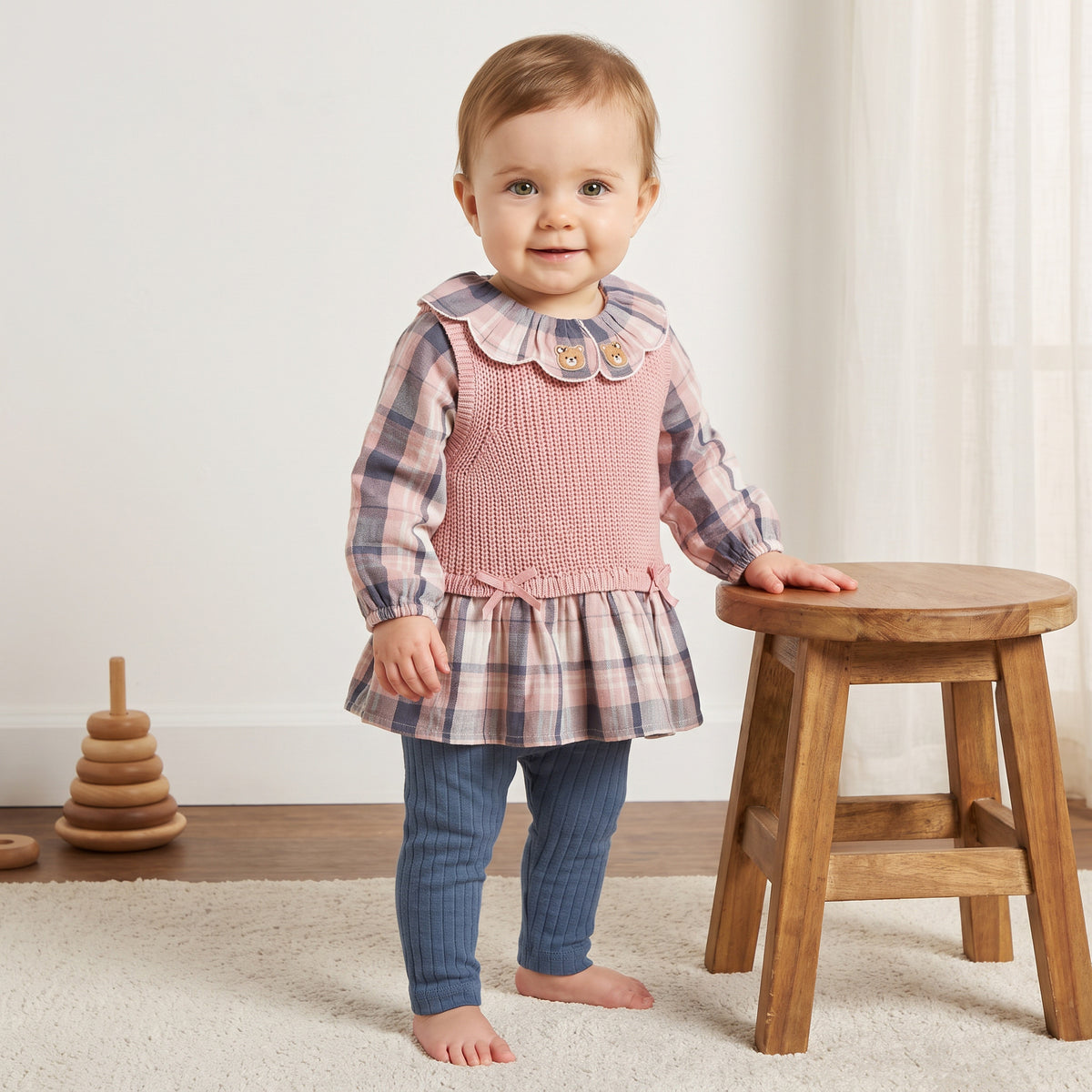 Checked Tabard Top with Ribbed Leggings - Multicolour / 12-18 mths