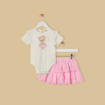 Bear Print Bodysuit and Schiffli Textured Skirt - Multicolour / 12-18 mths