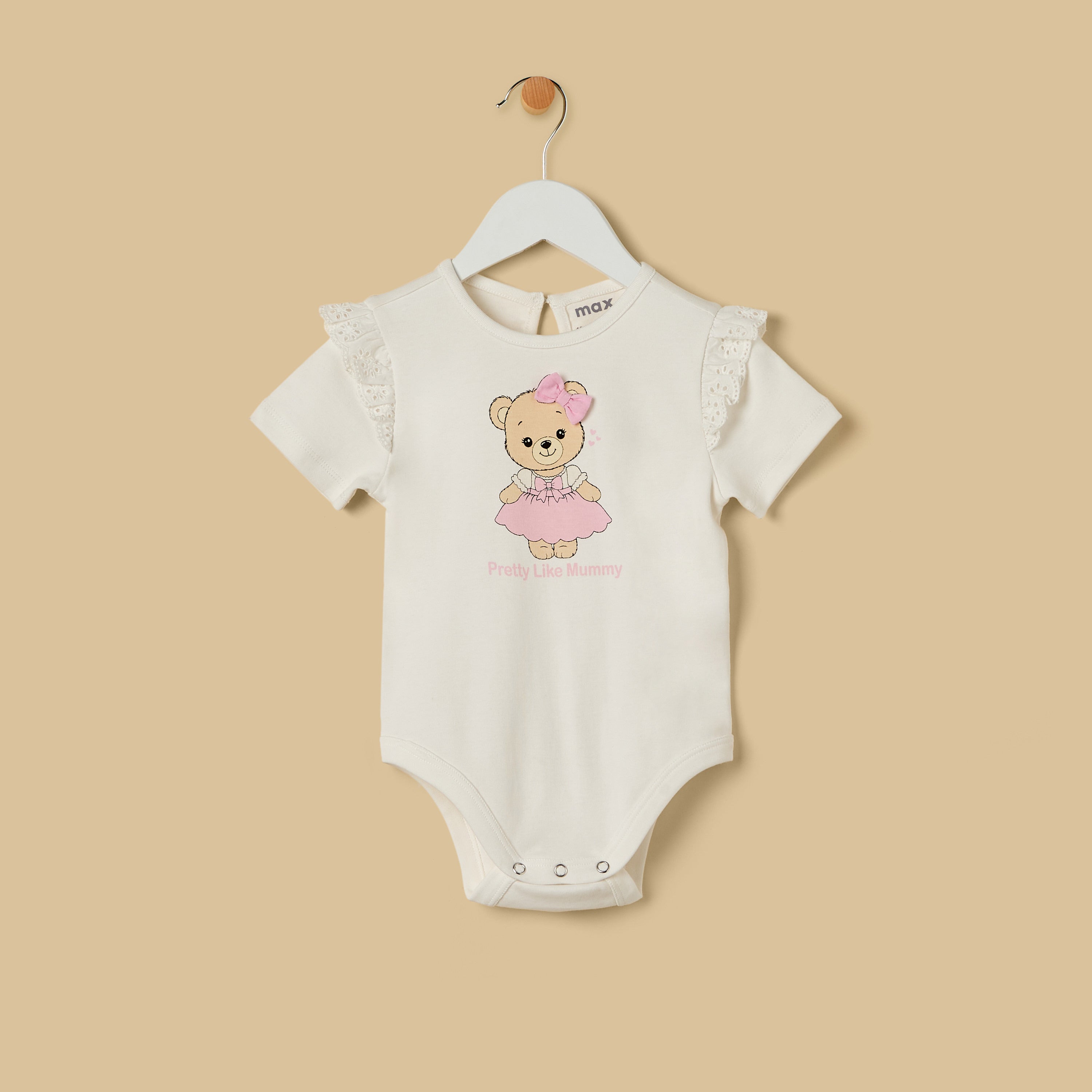 Bear Print Bodysuit and Schiffli Textured Skirt