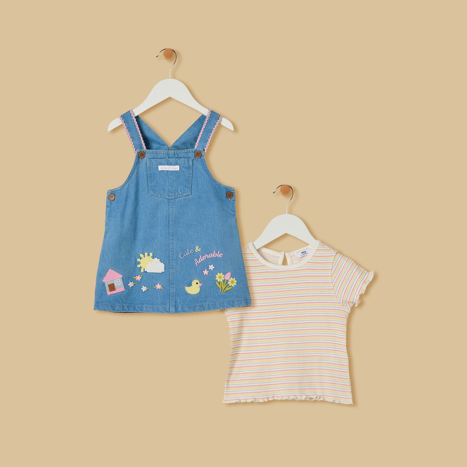Embroidered Pinafore Dress and Striped T-shirt Set - 12-18 MTHS