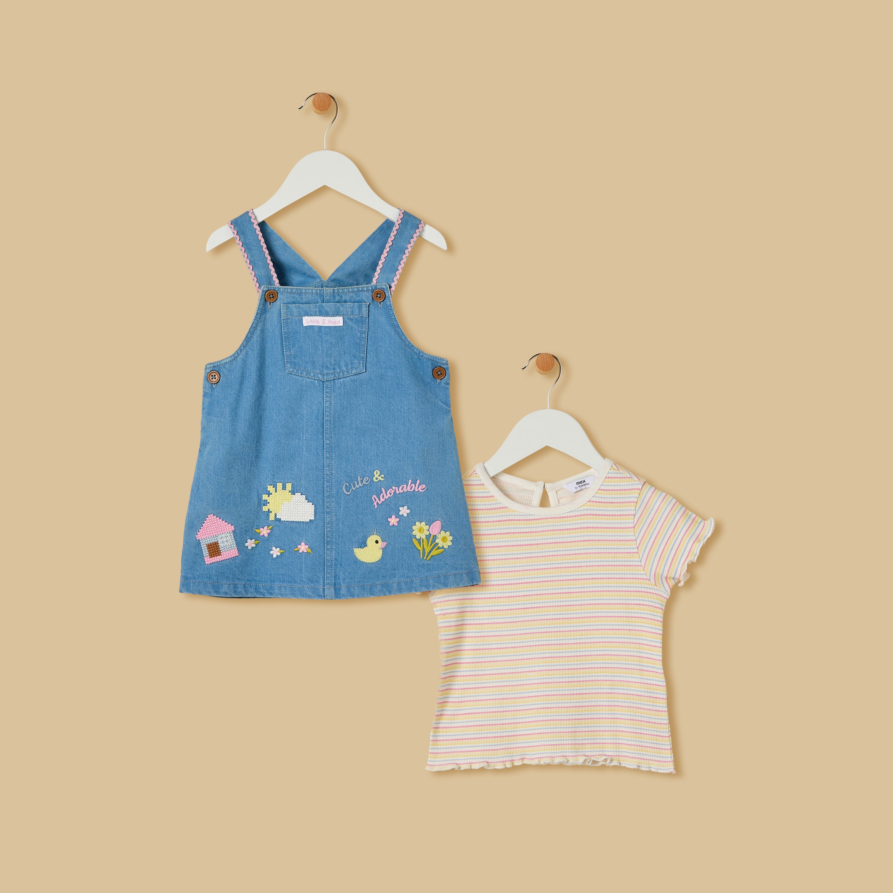 Embroidered Pinafore Dress and Striped T-shirt Set - 12-18 MTHS