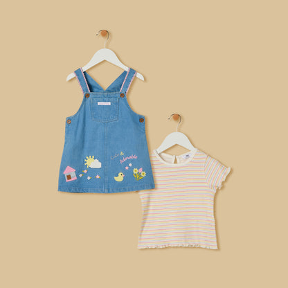 Embroidered Pinafore Dress and Striped T-shirt Set - 12-18 MTHS