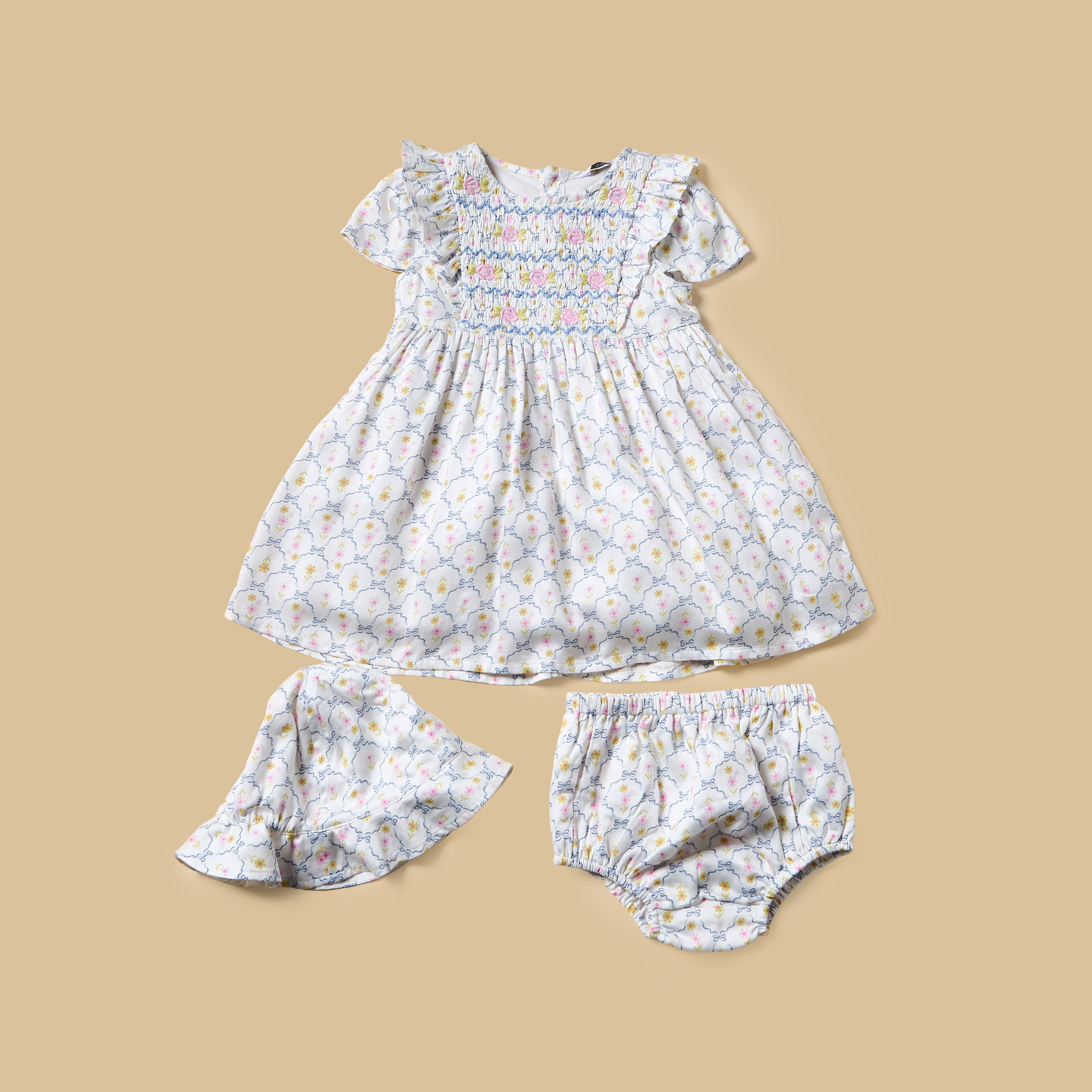 Floral Print Smocked Dress with Cap - Cream / 12-18 mths