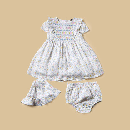 Floral Print Smocked Dress with Cap - Cream / 12-18 mths