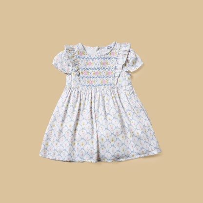Floral Print Smocked Dress with Cap
