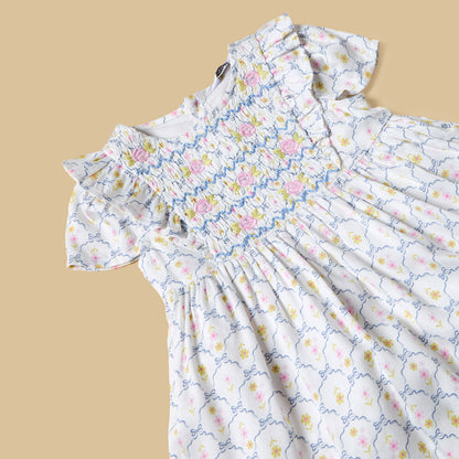 Floral Print Smocked Dress with Cap
