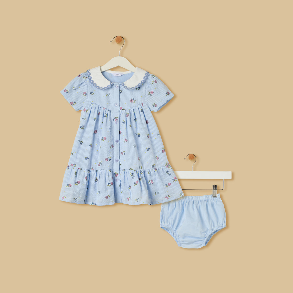 Seersucked Printed Cotton Dress with Bloomers - Blue / 12-18 mths