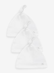White 100% Cotton Tie Top Baby Hats 3 Pack (0-12mths) - Size 44cm (5lb)