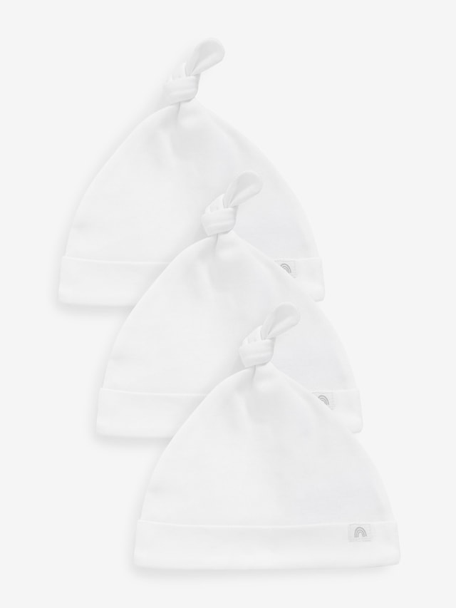 White 100% Cotton Tie Top Baby Hats 3 Pack (0-12mths) - Size 44cm (5lb)
