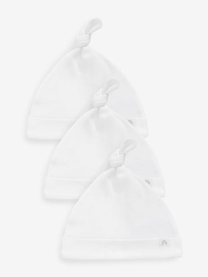 White 100% Cotton Tie Top Baby Hats 3 Pack (0-12mths) - Size 44cm (5lb)