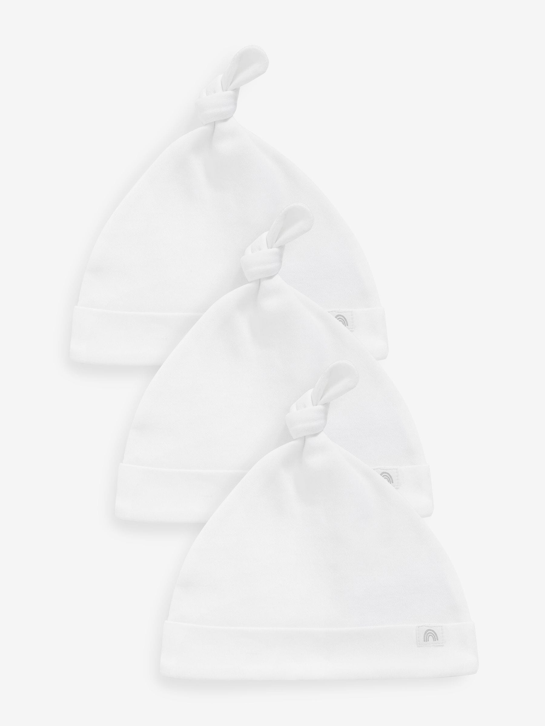 White 100% Cotton Tie Top Baby Hats 3 Pack (0-12mths) - Size 44cm (5lb) - Default 1