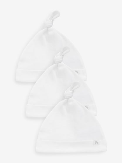 White 100% Cotton Tie Top Baby Hats 3 Pack (0-12mths) - White / Up to 1 Month (50-56cm)