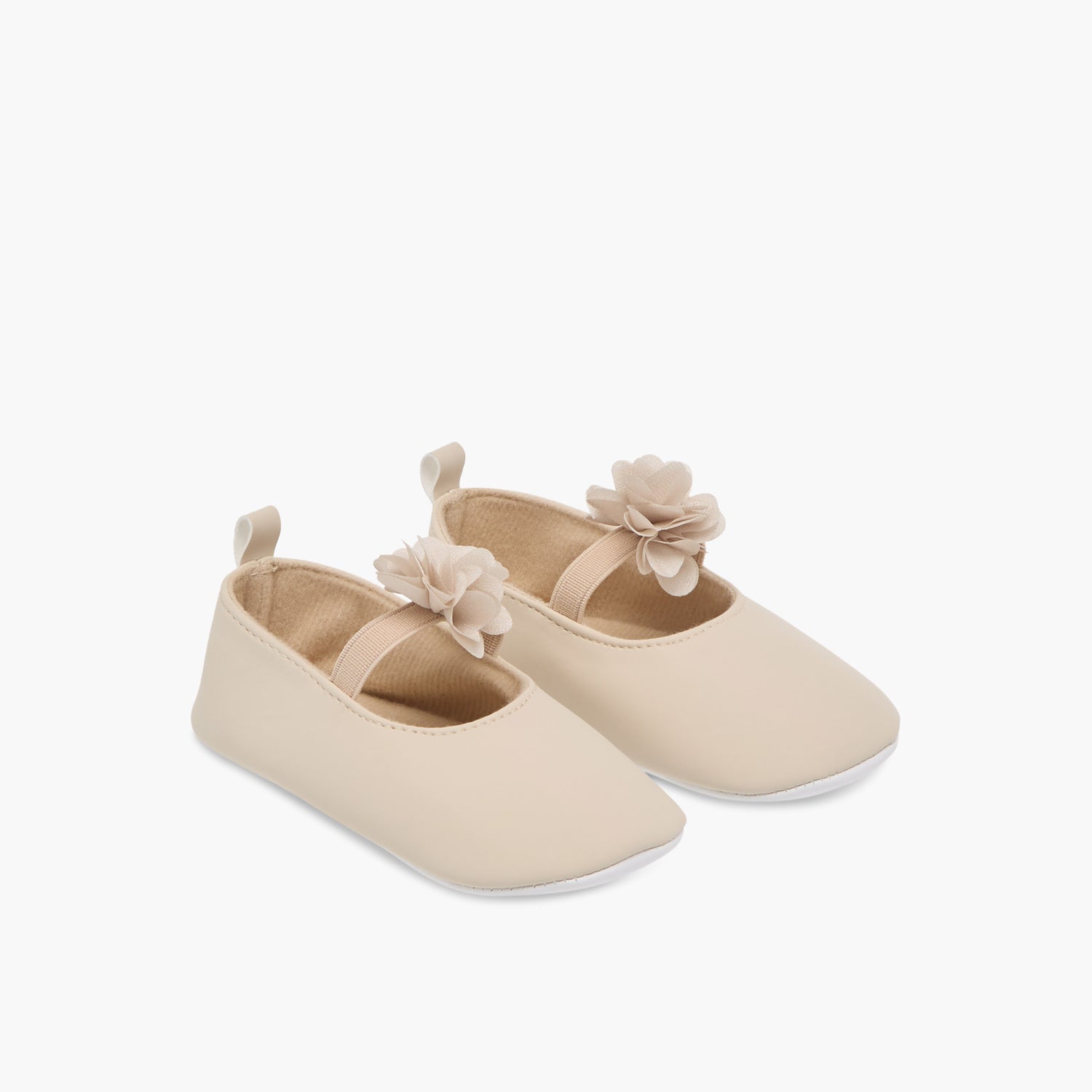 Juniors Solid Booties with Floral Accent and Elasticated Strap - Beige / 12-18 mths