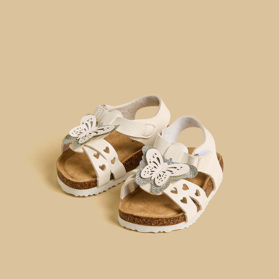 Butterfly Accent Sandals with Hook and Loop Closure - White / 20