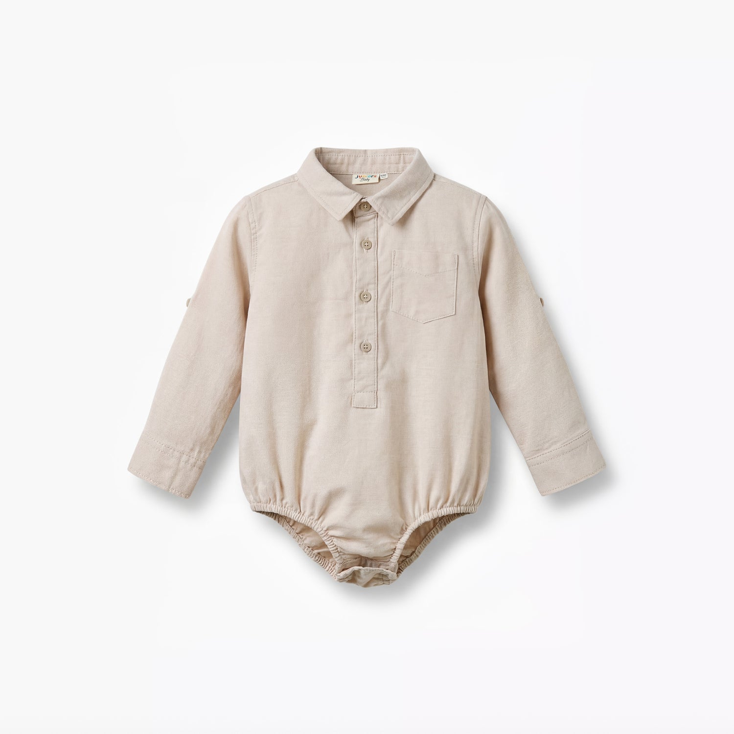 Solid Long Sleeves Shirt Style Bodysuit with Button Closure and Roll-Up Tab