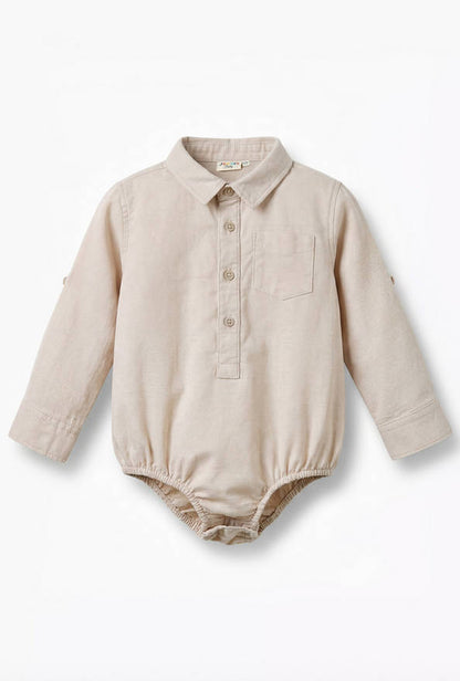 Solid Long Sleeves Shirt Style Bodysuit with Button Closure and Roll-Up Tab