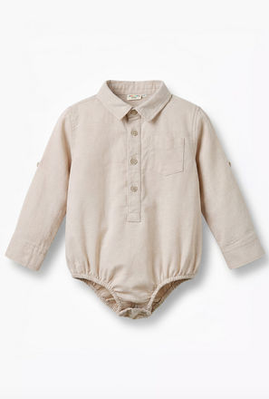 Solid Long Sleeves Shirt Style Bodysuit with Button Closure and Roll-Up Tab