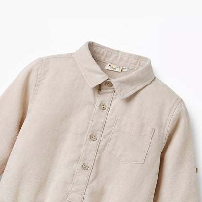 Solid Long Sleeves Shirt Style Bodysuit with Button Closure and Roll-Up Tab