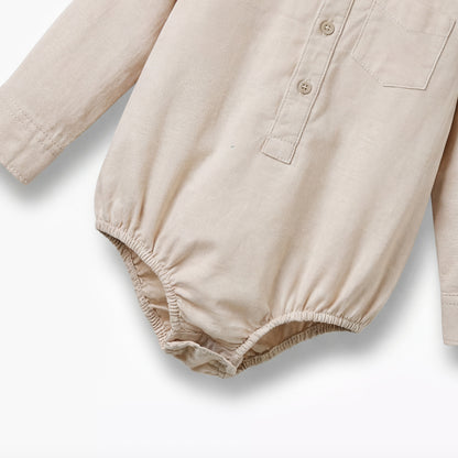 Solid Long Sleeves Shirt Style Bodysuit with Button Closure and Roll-Up Tab