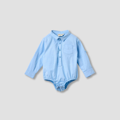 Solid Long Sleeves Shirt Style Bodysuit with Button Closure and Roll-Up Tab - Blue / 24-36 mths