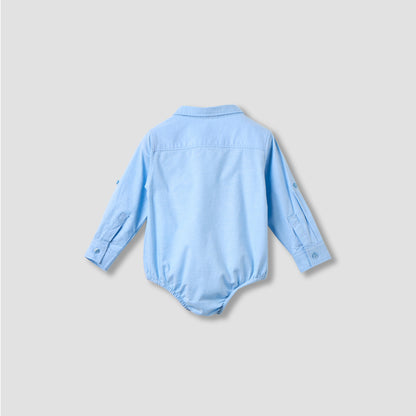Solid Long Sleeves Shirt Style Bodysuit with Button Closure and Roll-Up Tab