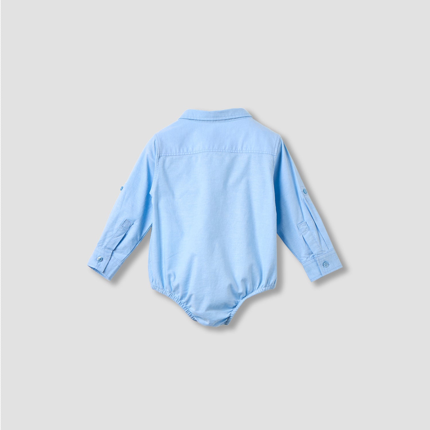Solid Long Sleeves Shirt Style Bodysuit with Button Closure and Roll-Up Tab