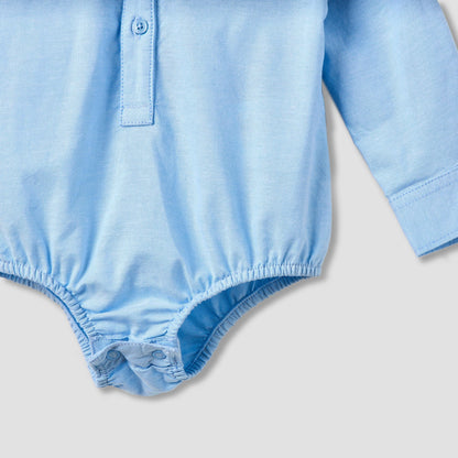 Solid Long Sleeves Shirt Style Bodysuit with Button Closure and Roll-Up Tab