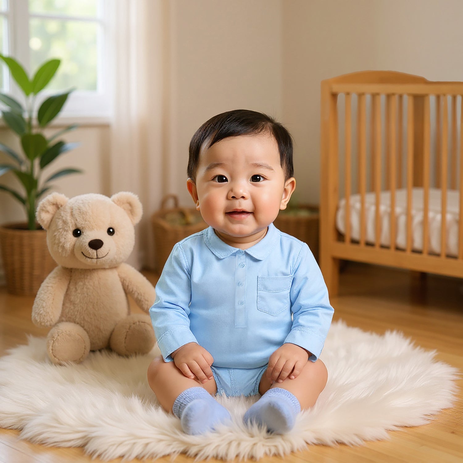 Solid Long Sleeves Shirt Style Bodysuit with Button Closure and Roll-Up Tab