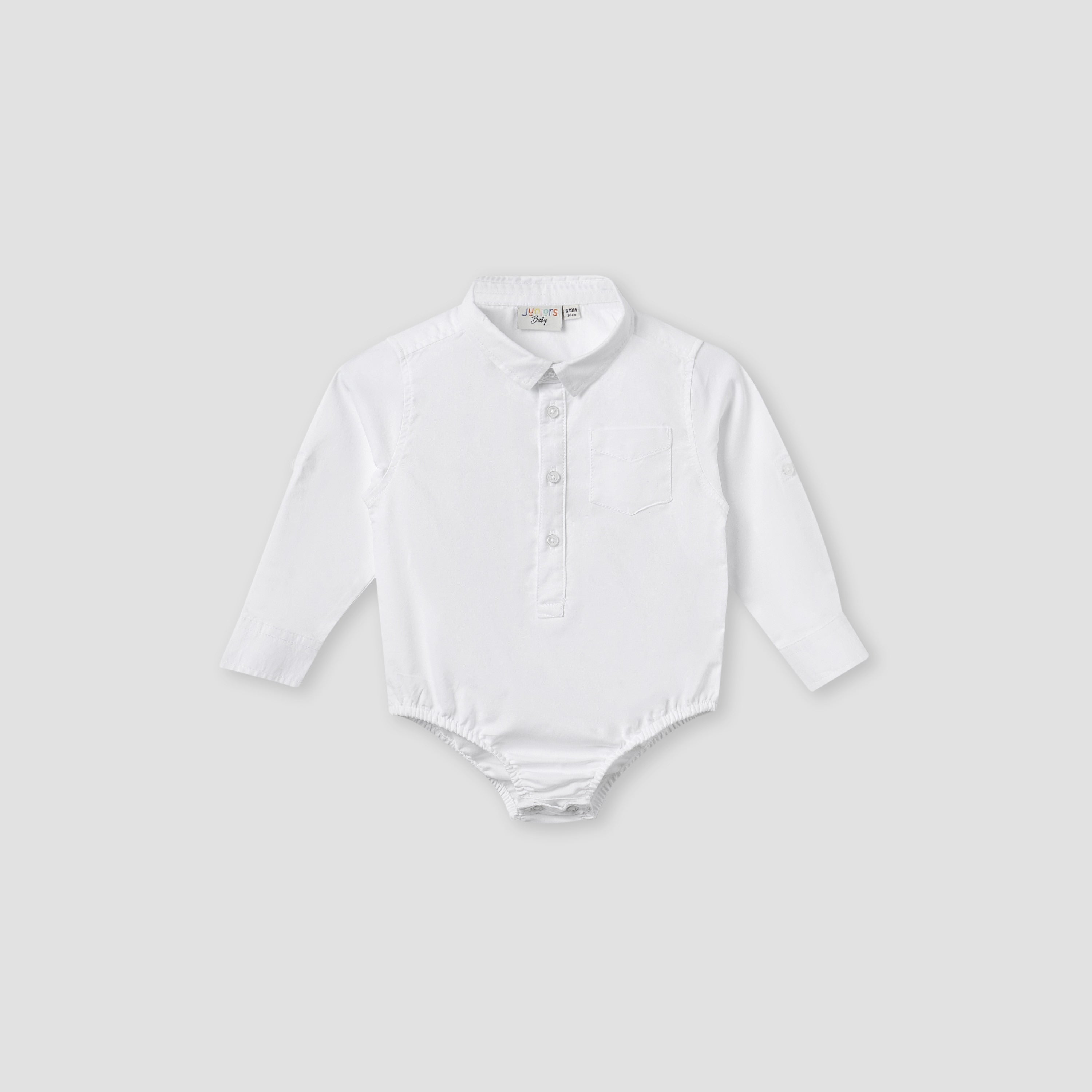 Solid Long Sleeves Shirt Style Bodysuit with Button Closure and Roll-Up Tab