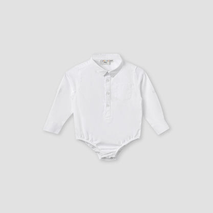 Solid Long Sleeves Shirt Style Bodysuit with Button Closure and Roll-Up Tab