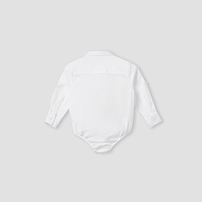Solid Long Sleeves Shirt Style Bodysuit with Button Closure and Roll-Up Tab