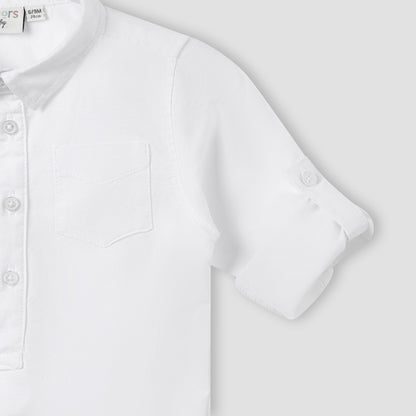 Solid Long Sleeves Shirt Style Bodysuit with Button Closure and Roll-Up Tab