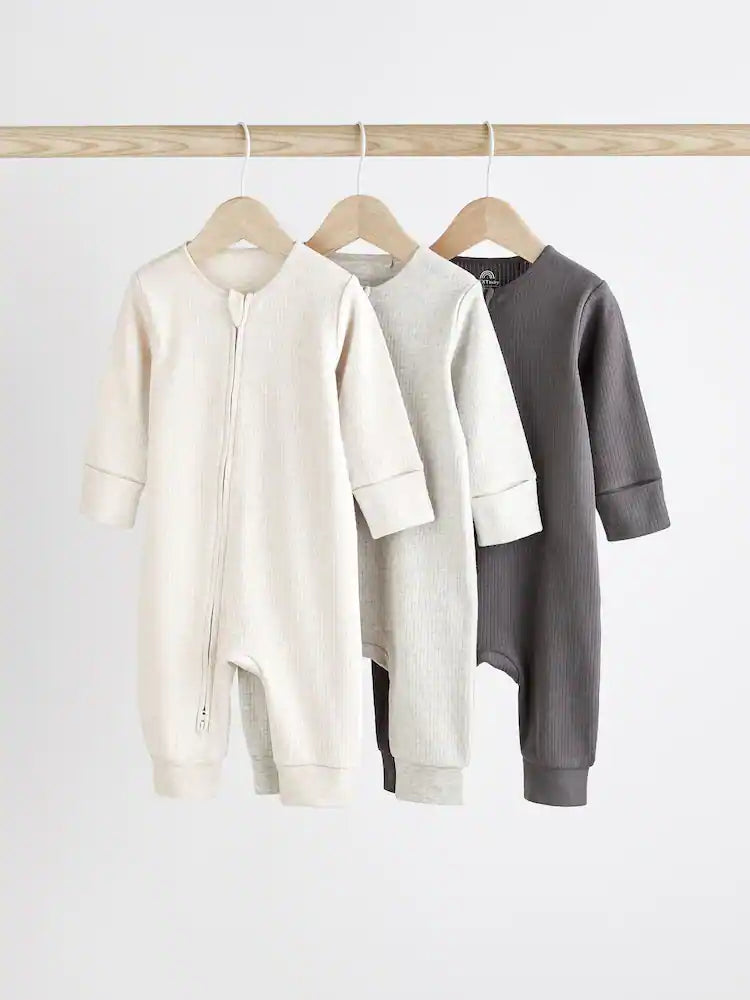 Neutral Baby Footless 2 Way Zip 100% Cotton Sleepsuits 3 Pack (0mths-3yrs)