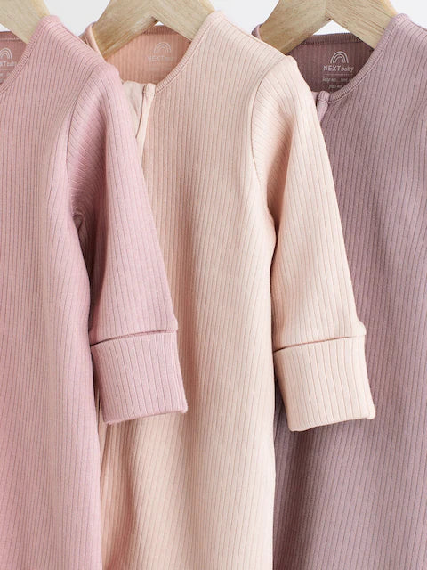 Pink 3 Pack Two Way Zip Baby Sleepsuits (0mths-3yrs)