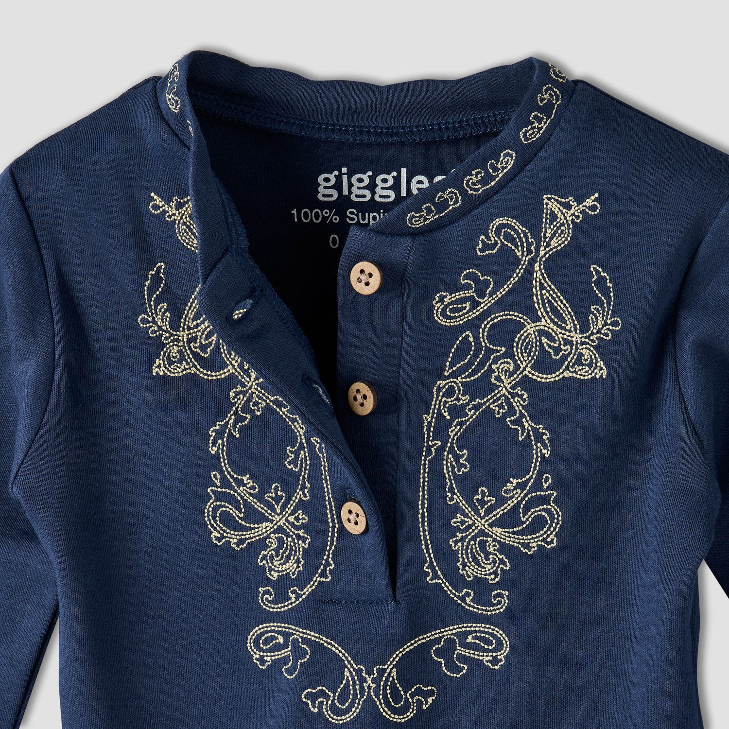 Giggles Cotton Henley Neck Long Sleeve Pyjama Set with Embroidery