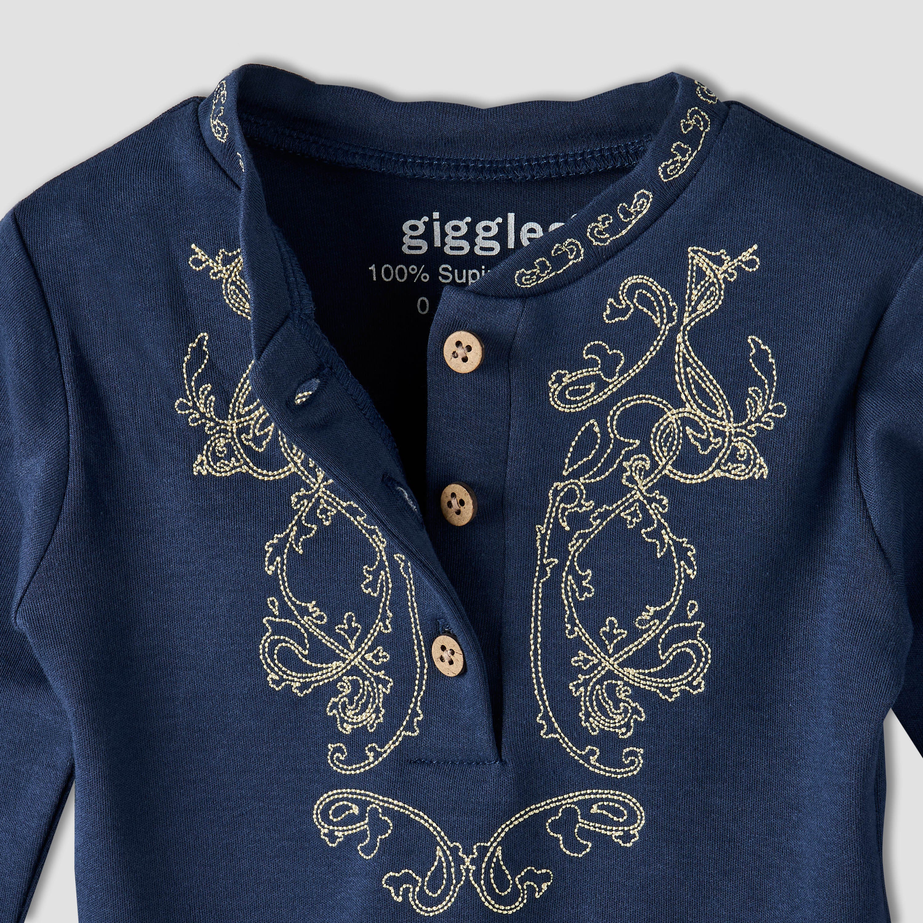 Giggles Cotton Henley Neck Long Sleeve Pyjama Set with Embroidery