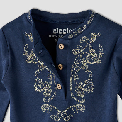 Giggles Cotton Henley Neck Long Sleeve Pyjama Set with Embroidery
