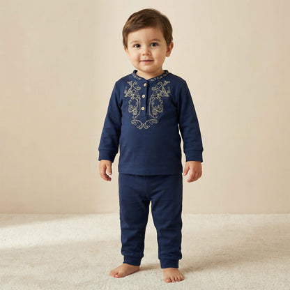 Giggles Cotton Henley Neck Long Sleeve Pyjama Set with Embroidery - Blue / 12-18 mths