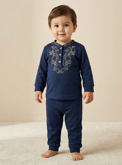Giggles Cotton Henley Neck Long Sleeve Pyjama Set with Embroidery-baby-boys-clothing-nightwear-pyjamasets-image-1